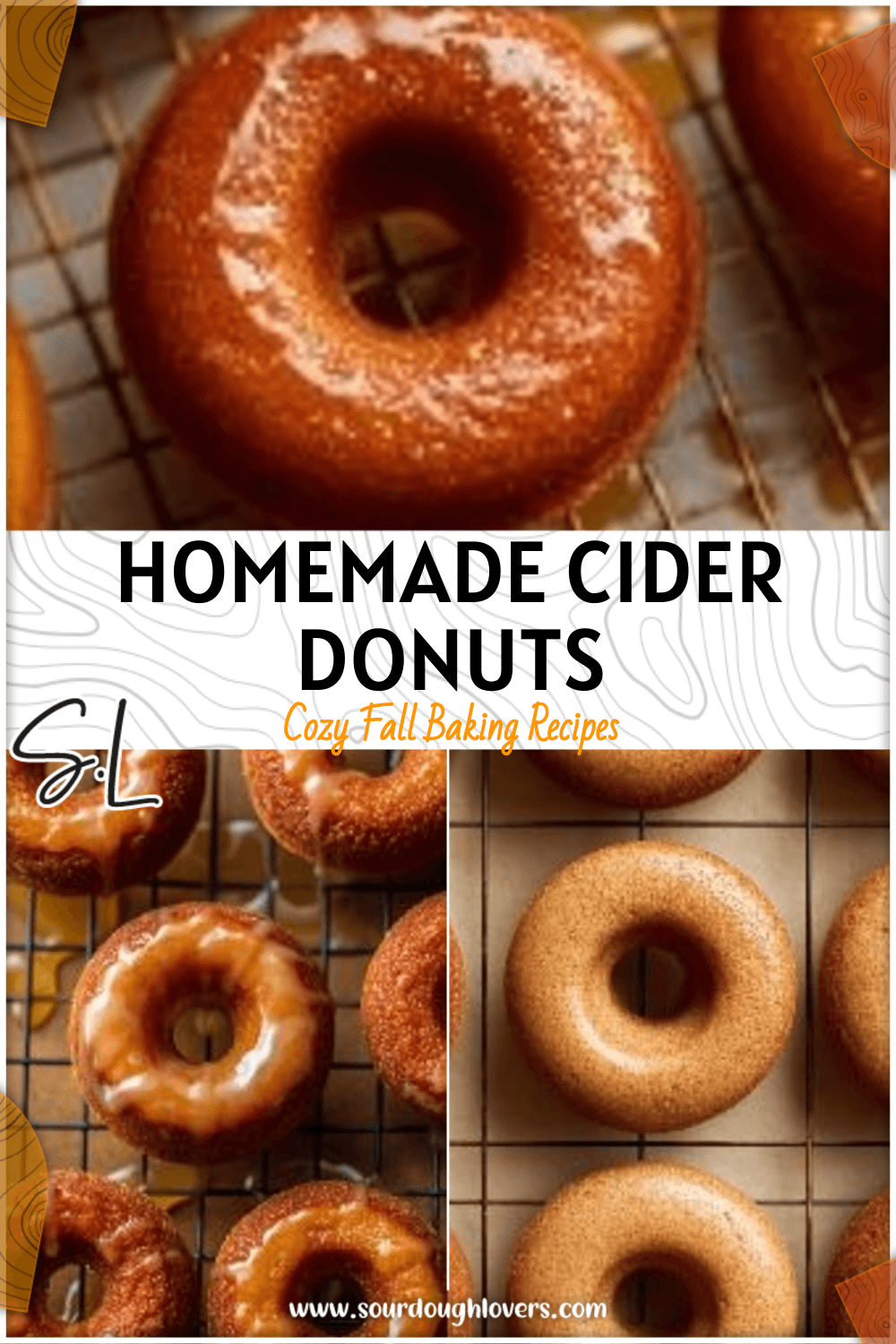 Homemade apple cider donuts cooling on a wire rack with a drizzle of maple glaze.